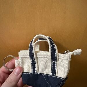 L.L. Bean Cream Canvas Mini Tote Keyring with Navy Trim